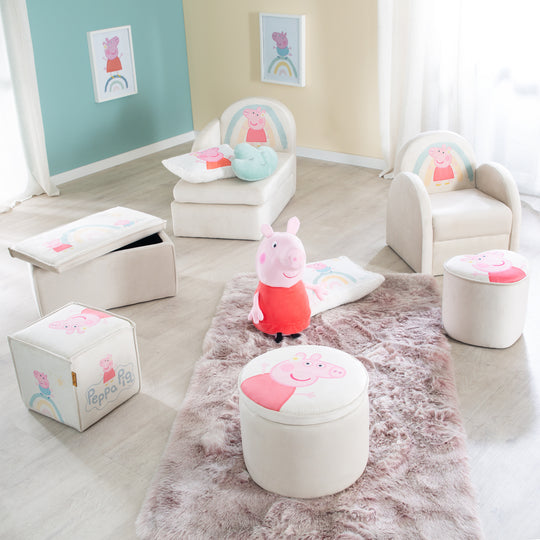 Sgabello per bambini 'Peppa Pig' in forma di cuore - Rivestimento in velluto in beige - Rosa peppa motivo – Foto speciale (4/8)