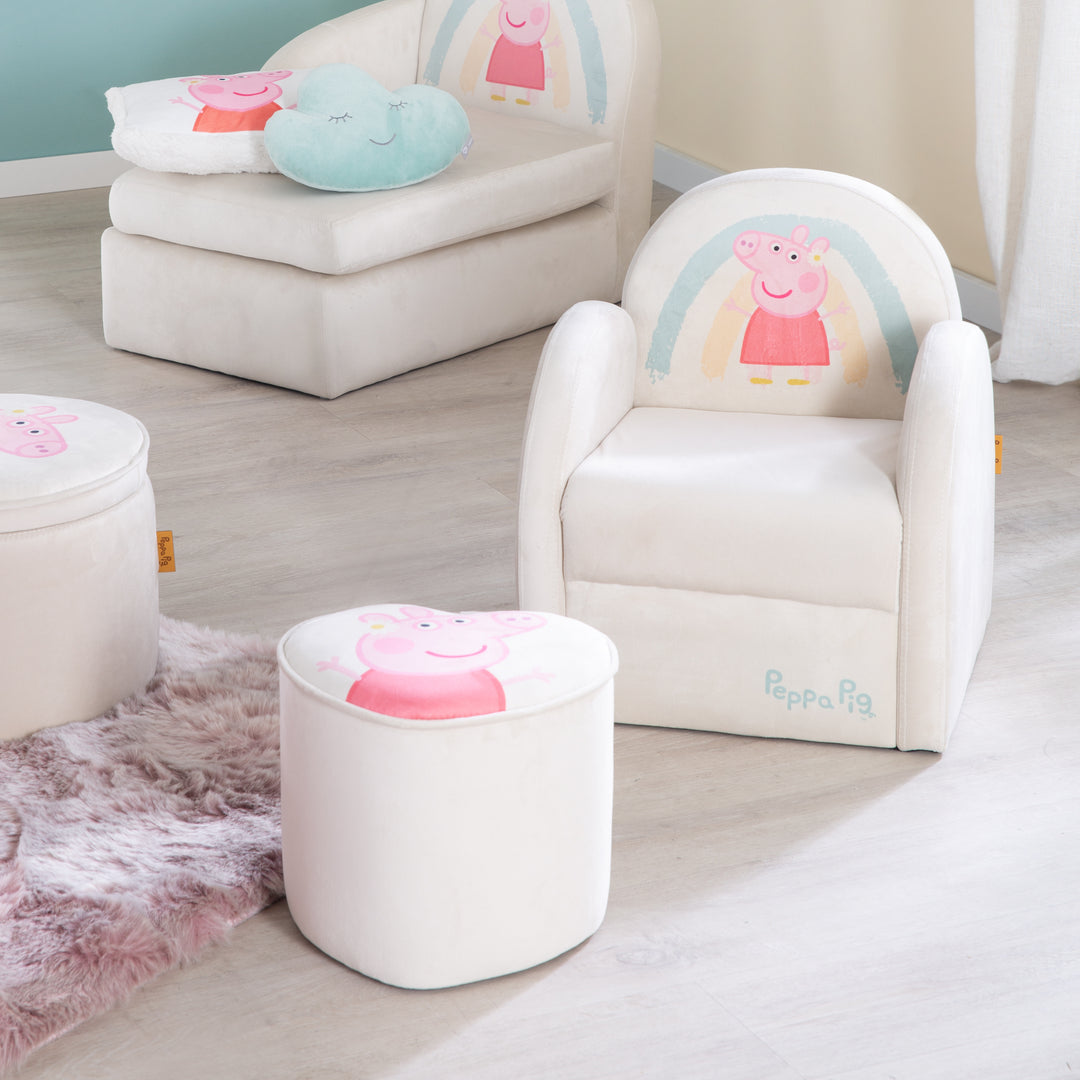 Sgabello per bambini 'Peppa Pig' in forma di cuore - Rivestimento in velluto in beige - Rosa peppa motivo – Foto d'ambiente (7/8)