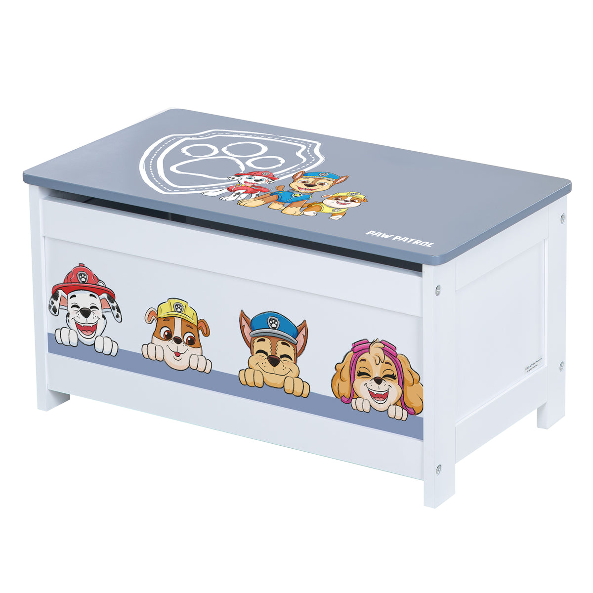 Spielzeugtruhe 'Paw Patrol' aus Holz - Klappbare Sitzfläche - Weiß / Blau – Freisteller (1/8)