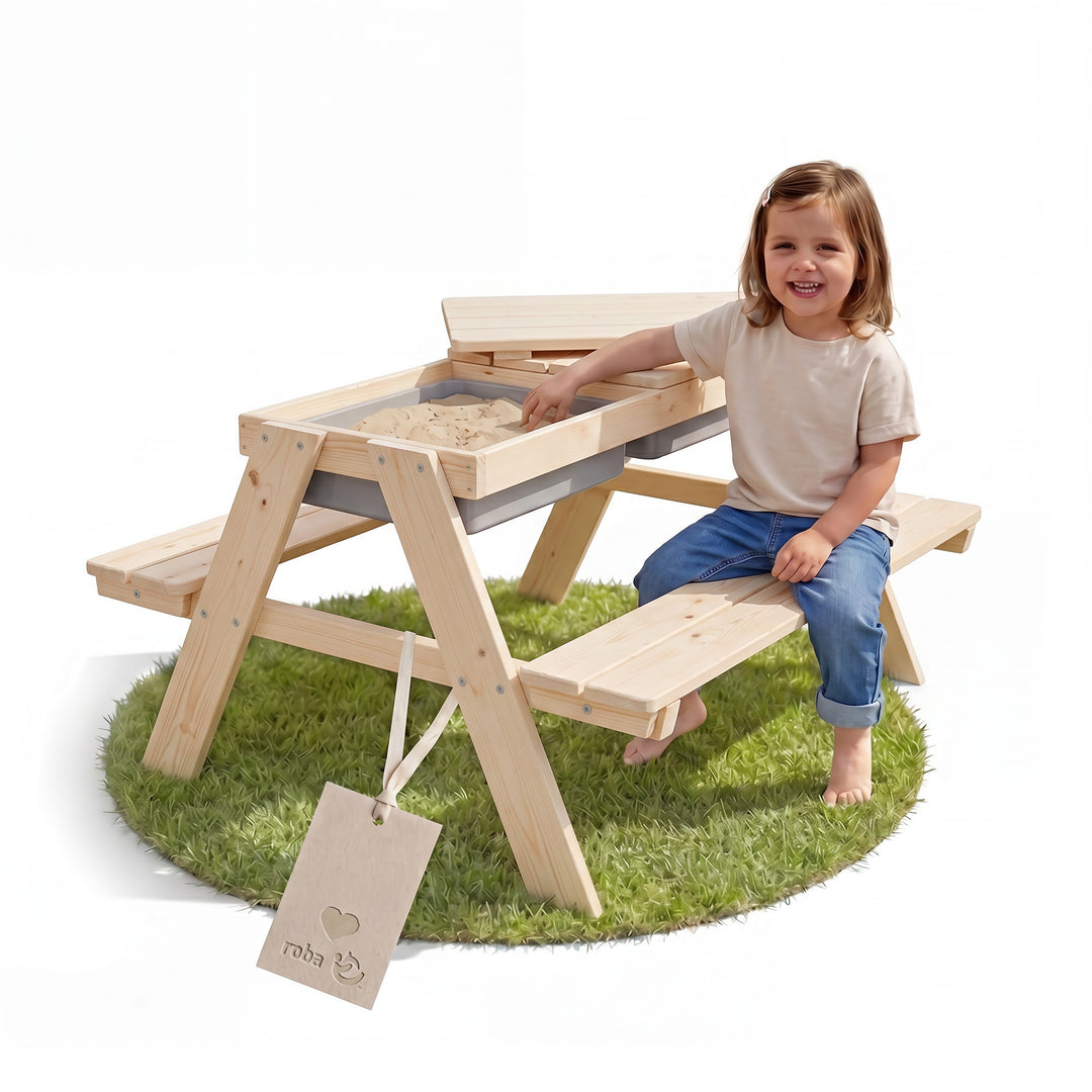 Kindersitzgarnitur 'Play' mit Spielwannen, Massivholz, Sitzgarnitur & Matschtisch - Natur – Produktbild (1/14)