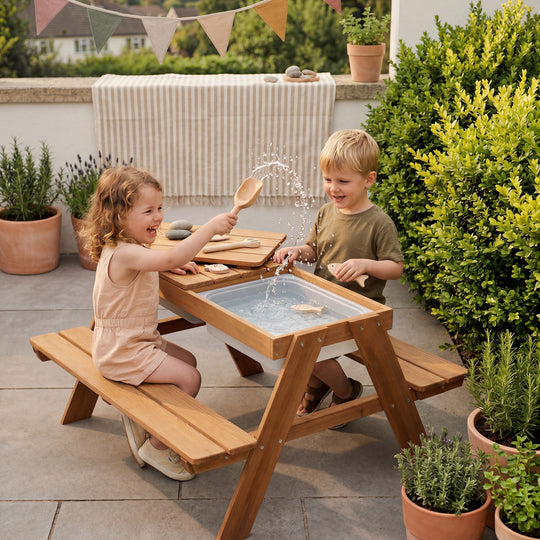 Set tavolo e sedie per bambini 'Play' con vaschette di gioco, resistente tutti intemperie legno massello, set tavolo e sedie & tavolo per il fango – Foto d'ambiente (2/12)