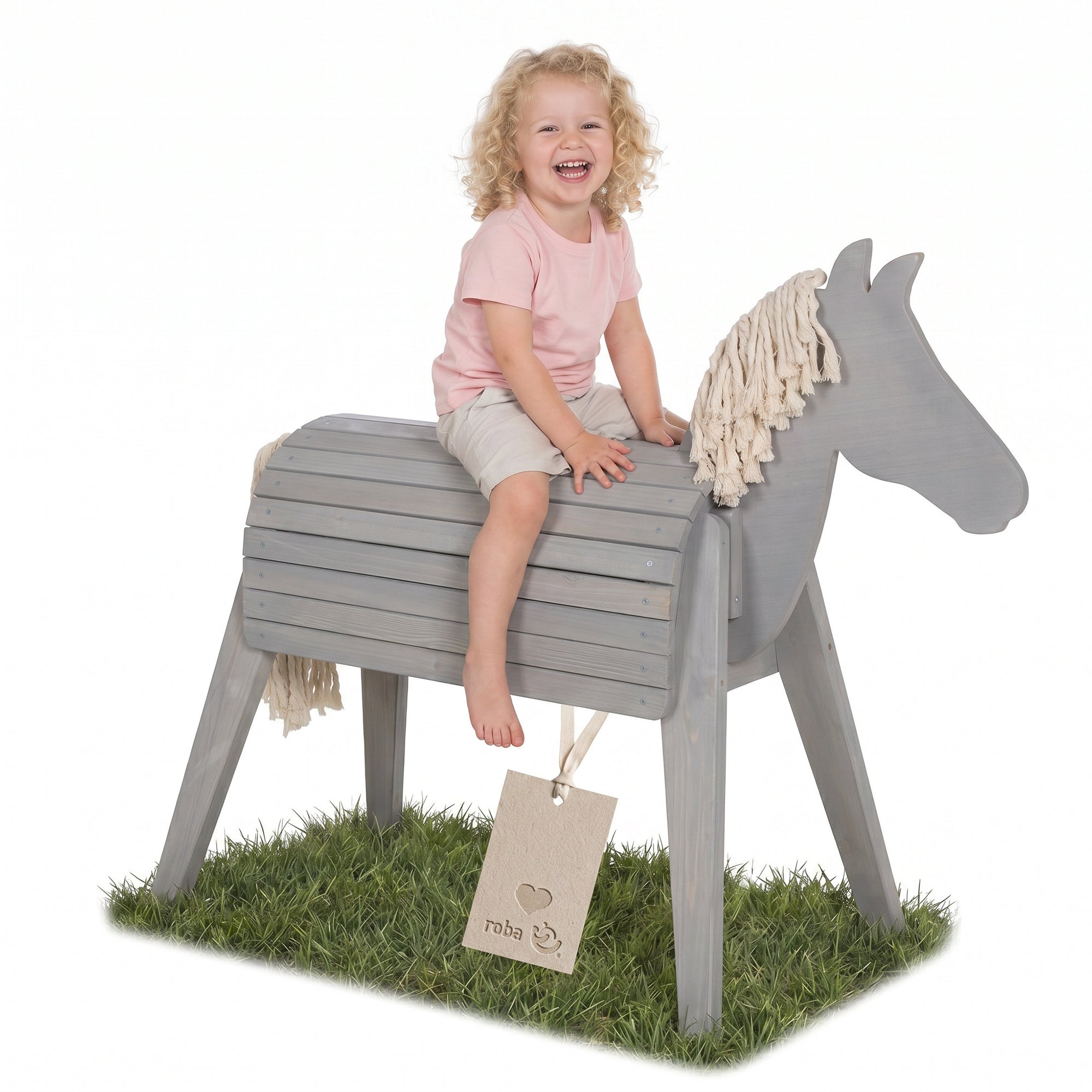Voltigier- & Outdoorpferd mit Mähne & Schweif - Massivholz grau – Produktbild (1/8)