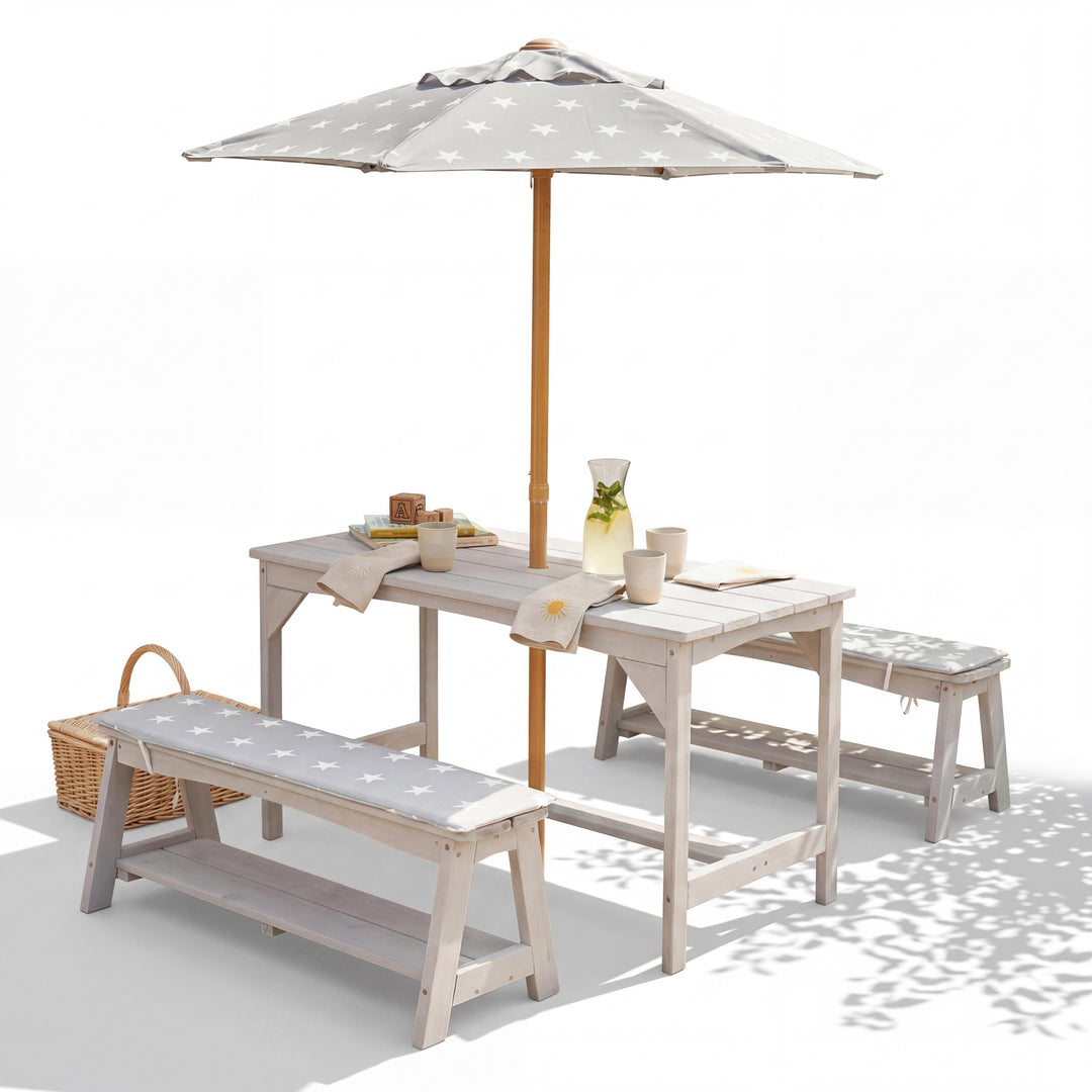 Set de mesa y sillas outdoor+ 1 mesa, 2 bancos, sombrilla & cojines de asiento 'Little Stars' - Gris – Recorte (5/16)