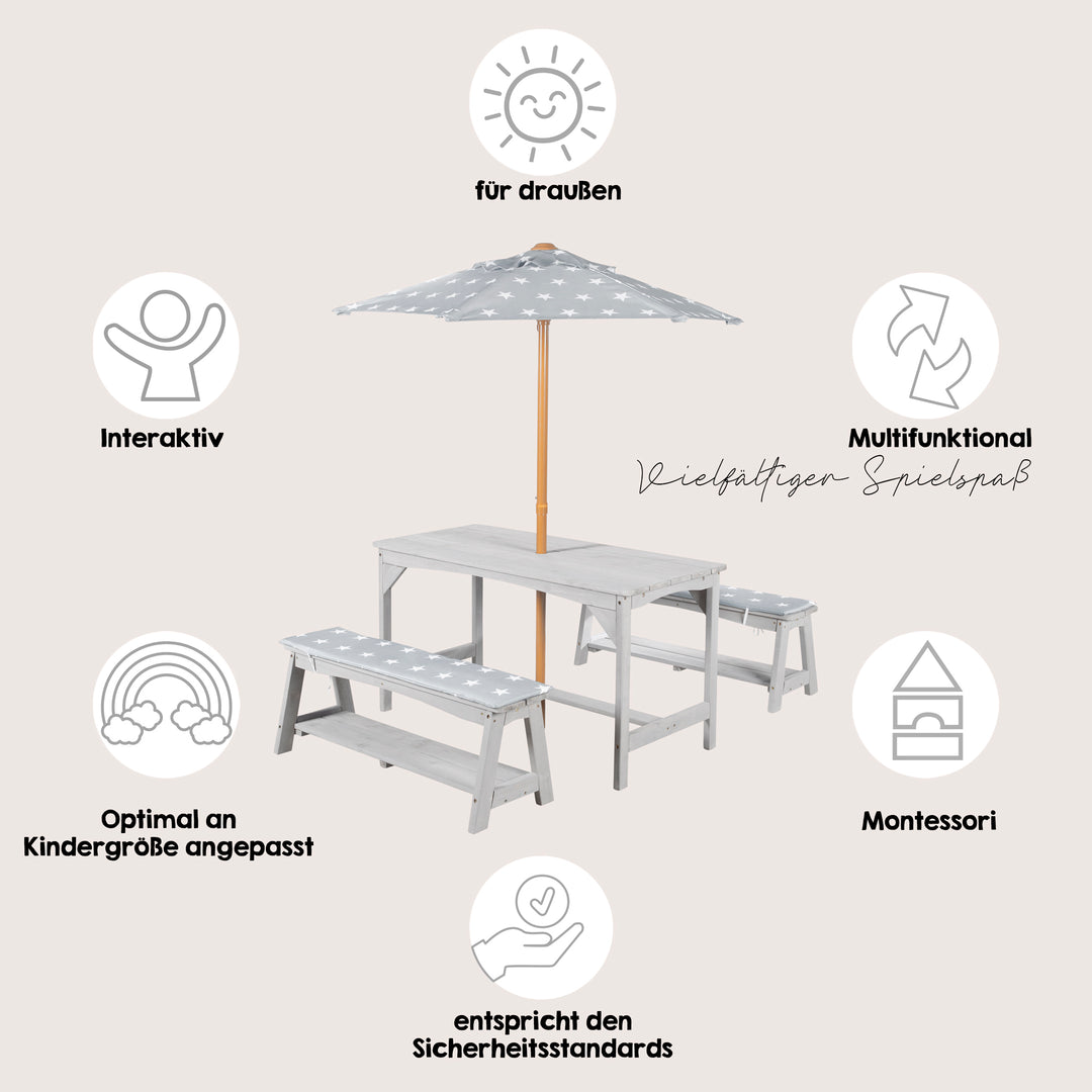 Set de mesa y sillas outdoor+ 1 mesa, 2 bancos, sombrilla & cojines de asiento 'Little Stars' - Gris – Infografía (3/16)