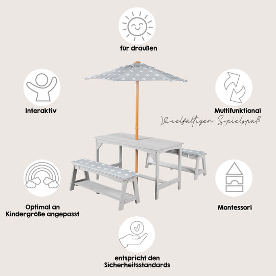 Set de mesa y sillas outdoor+ 1 mesa, 2 bancos, sombrilla & cojines de asiento 'Little Stars' - Gris – Infografía (3/16)