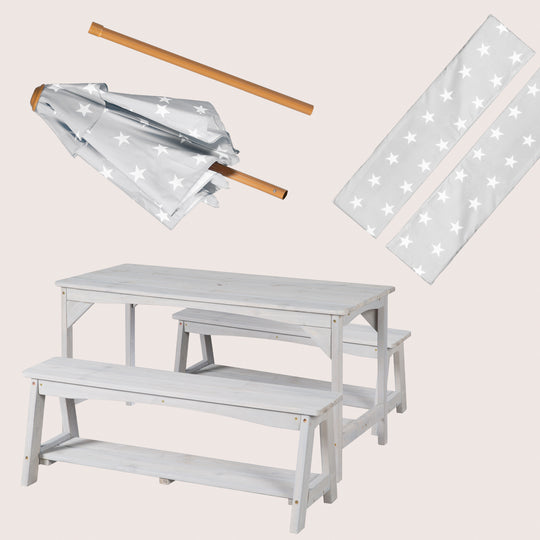 Set de mesa y sillas outdoor+ 1 mesa, 2 bancos, sombrilla & cojines de asiento 'Little Stars' - Gris – Infografía (4/16)