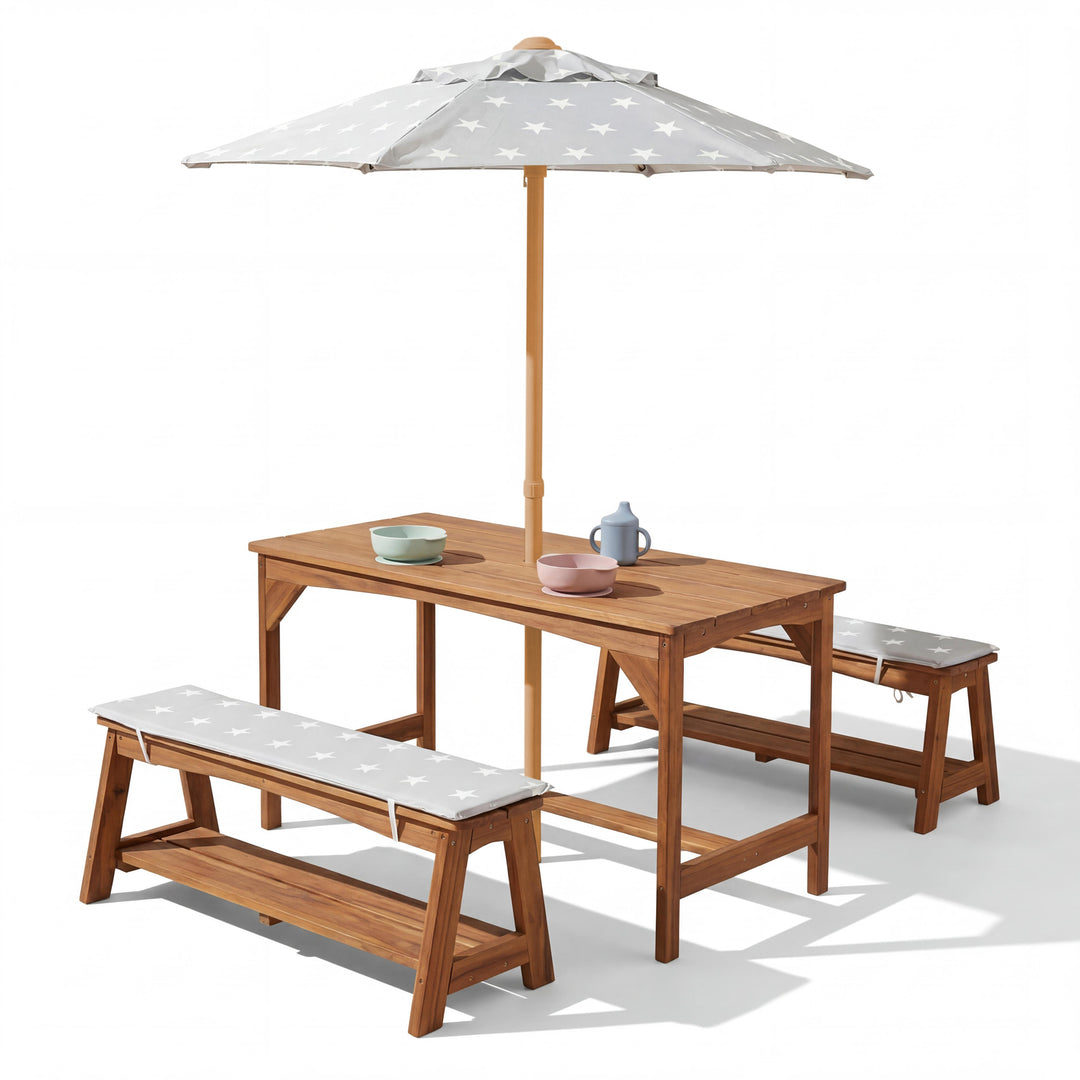 Seating Set Outdoor+ 1 Table, 2 Benches, Parasol & Seat Cushions 'Little Stars' - Teak – Cutout (5/16)