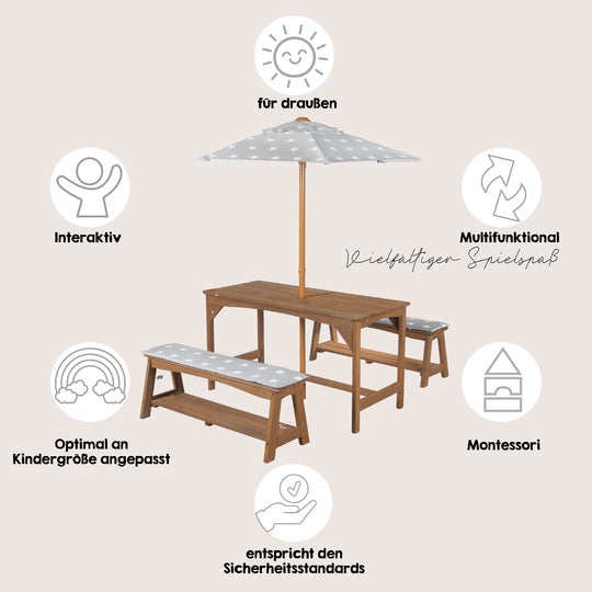 Seating Set Outdoor+ 1 Table, 2 Benches, Parasol & Seat Cushions 'Little Stars' - Teak – Infographic (3/16)