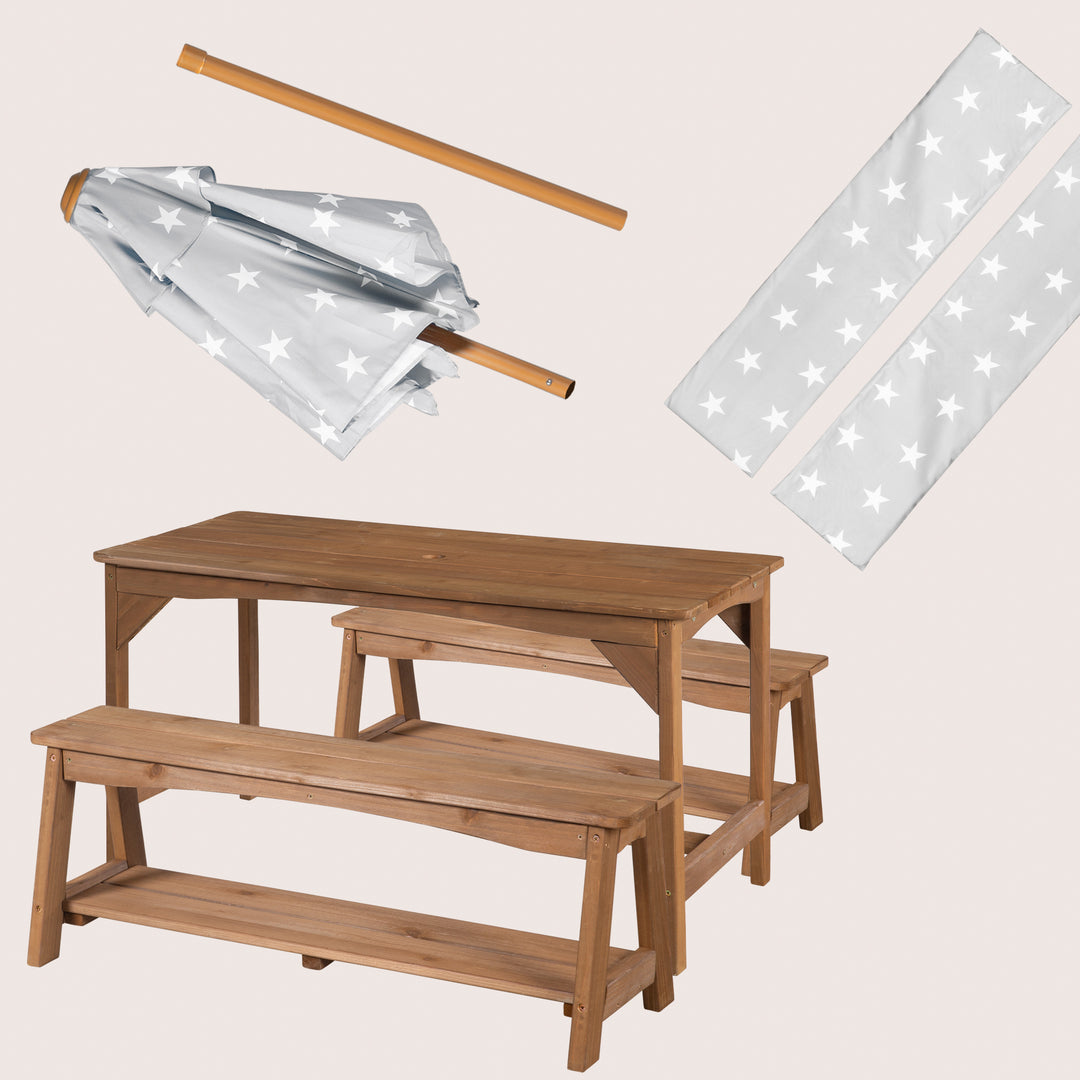 Seating Set Outdoor+ 1 Table, 2 Benches, Parasol & Seat Cushions 'Little Stars' - Teak – Infographic (4/16)