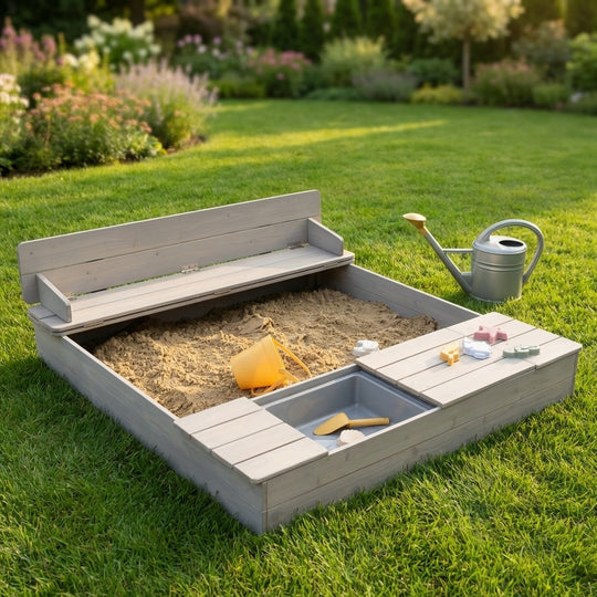 Sabbiera 'Outdoor +' grigio laccato, incl. apribile panca & 2 vaschette di gioco – Foto d'ambiente (2/10)
