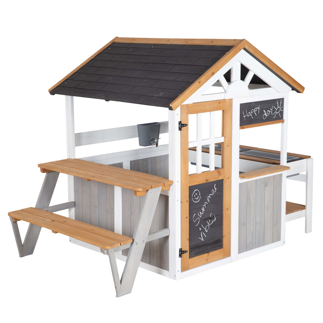 Gartenspielhaus komplett inkl. Spielküche + Picknick-Tisch - Holz mehrfarbig lasiert – Freisteller (1/11)