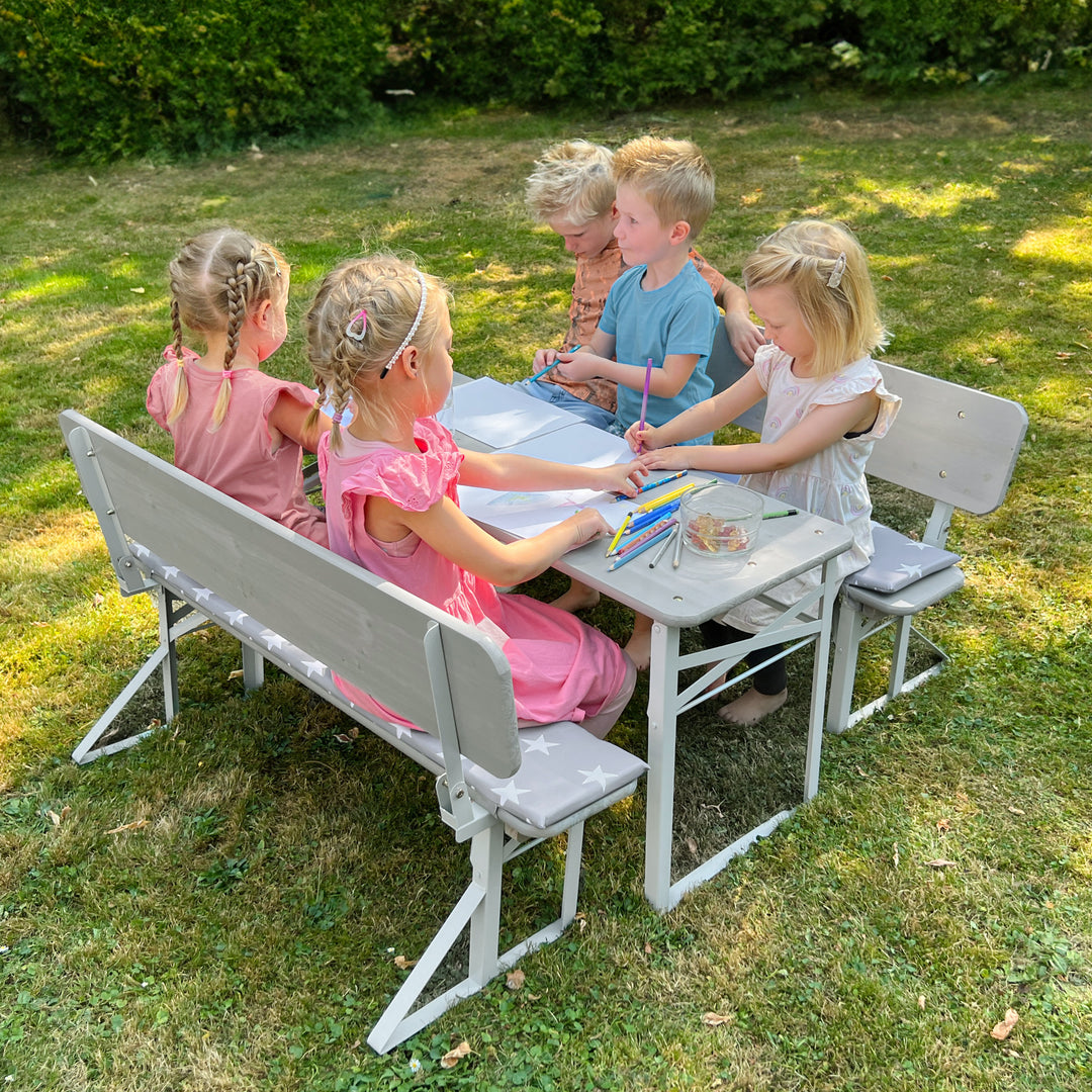 Outdoor ensemble de fête avec dossier - 2 Bancs + 1 table - Bois gris lasuré – Photo d'ambiance (11/13)