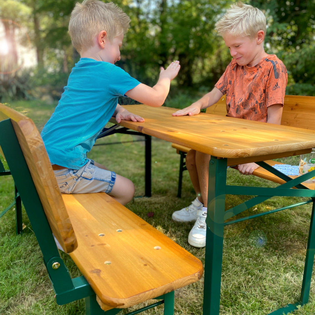 Outdoor Party Set with Backrest - 2 Benches + 1 Table - Wood in Naturoptik – Lifestyle Image (12/13)
