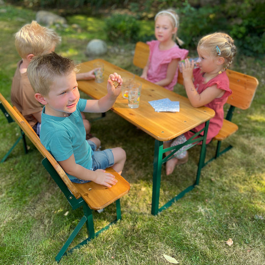 Outdoor Party Set with Backrest - 2 Benches + 1 Table - Wood in Naturoptik – Lifestyle Image (4/13)