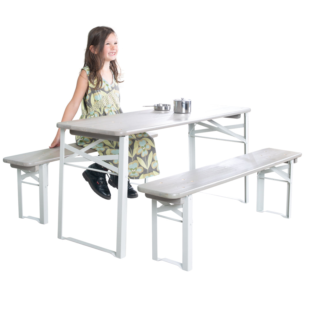 Outdoor Party Set Made of Wood - 2 Benches + 1 Children's Table - Grey Glazed – Cutout (7/10)