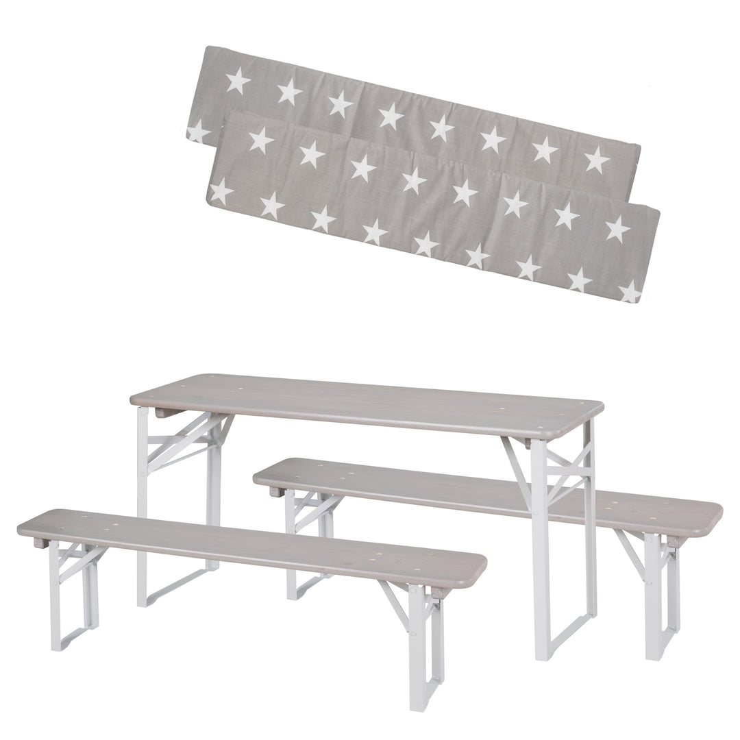 Outdoor Party Set Made of Wood - 2 Benches + 1 Children's Table - Grey Glazed – Special Image (10/10)