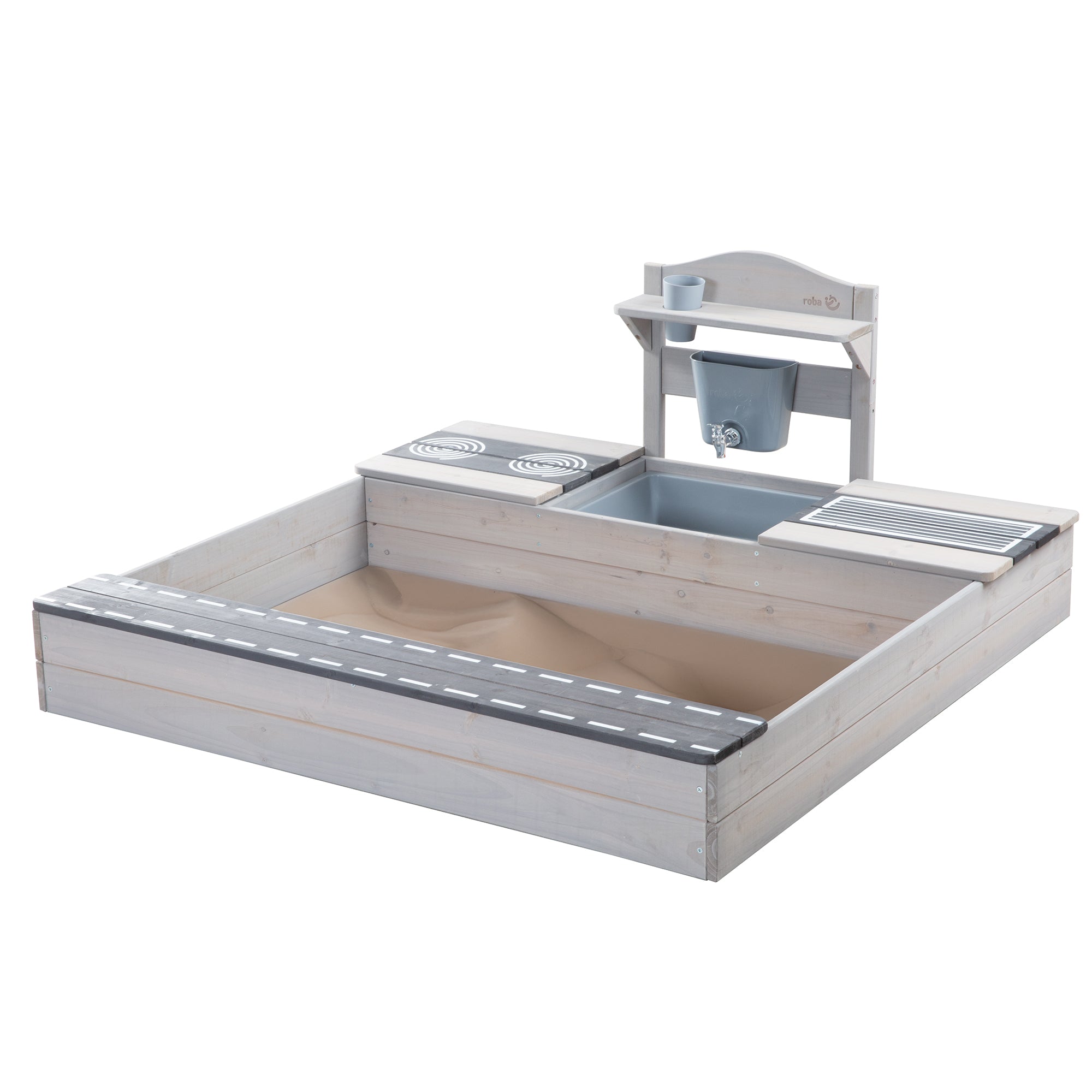 FSC-Certified Sandbox with Mud Kitchen - Solid Wood Grey Glazed – Cutout (1/11)