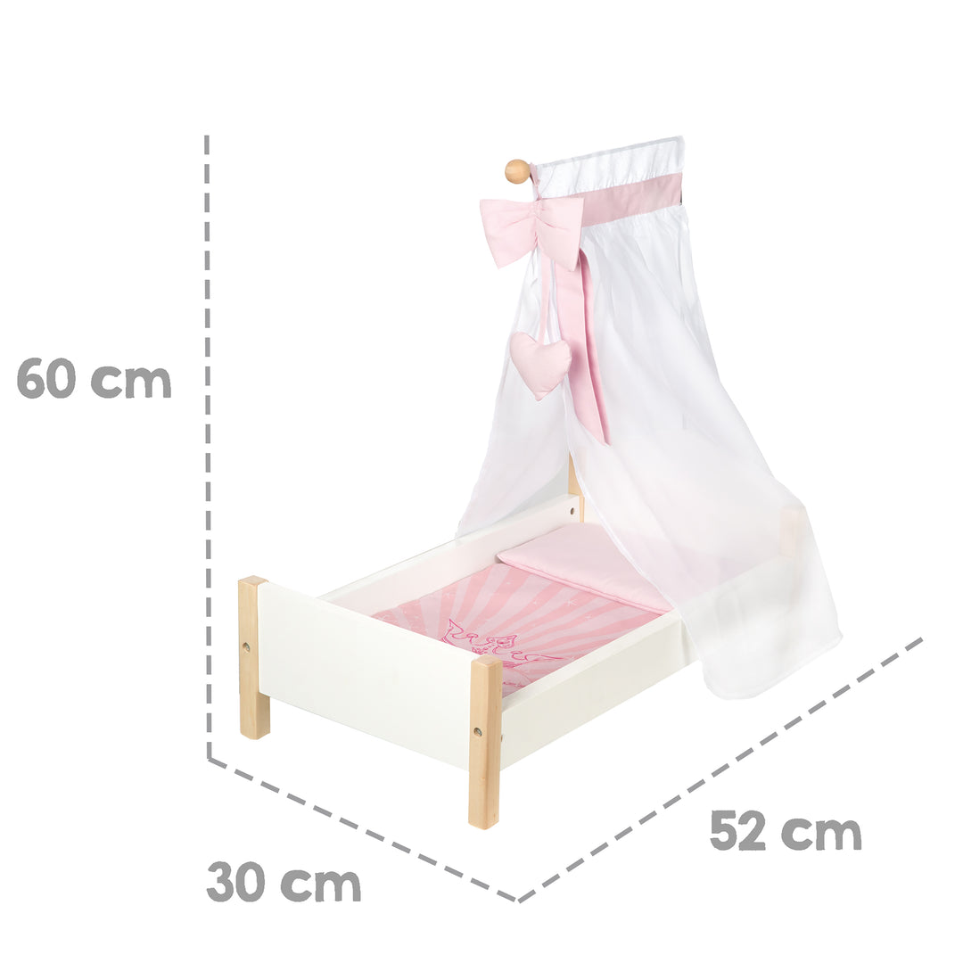 Lit de poupée 'Scarlett', blanc laqué, avec équipement textile, linge de lit & ciel de lit rose – Infographie (3/5)