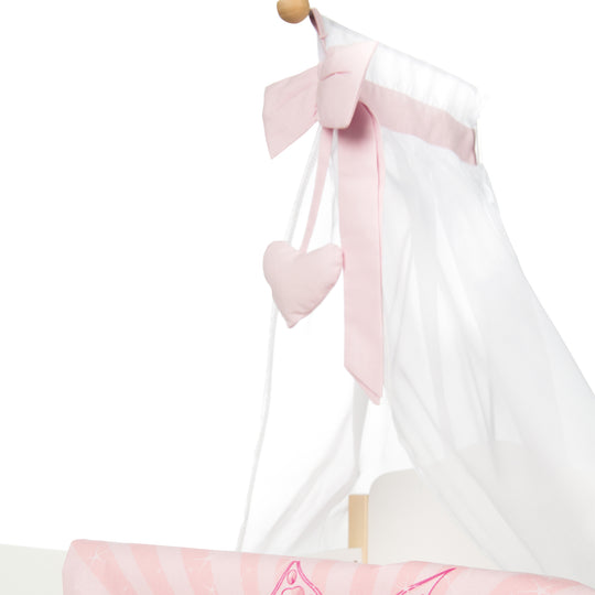 Lit de poupée 'Scarlett', blanc laqué, avec équipement textile, linge de lit & ciel de lit rose – Photo de détail (4/5)
