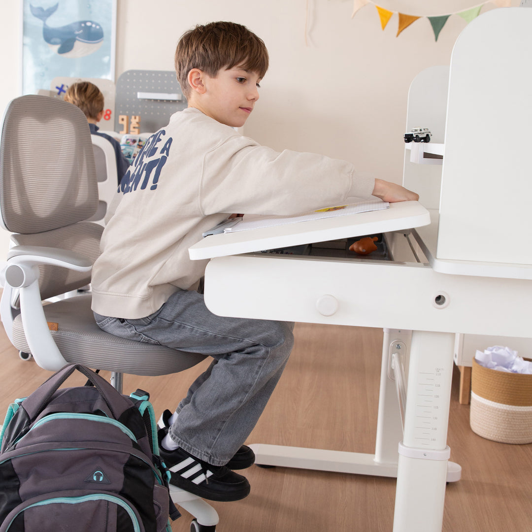 Children's Desk with Drawer - Height-Adjustable - Ergonomic Design with Storage Space & Rechte Work Surface Neigbar - White – Lifestyle Image (21/22)