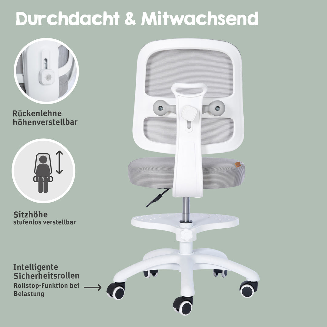 Sedia da ufficio per bambini smart grow 2D- ergonomico sedia girevole - Regolabile in altezza - Bianco / grigio – Infografica (10/36)