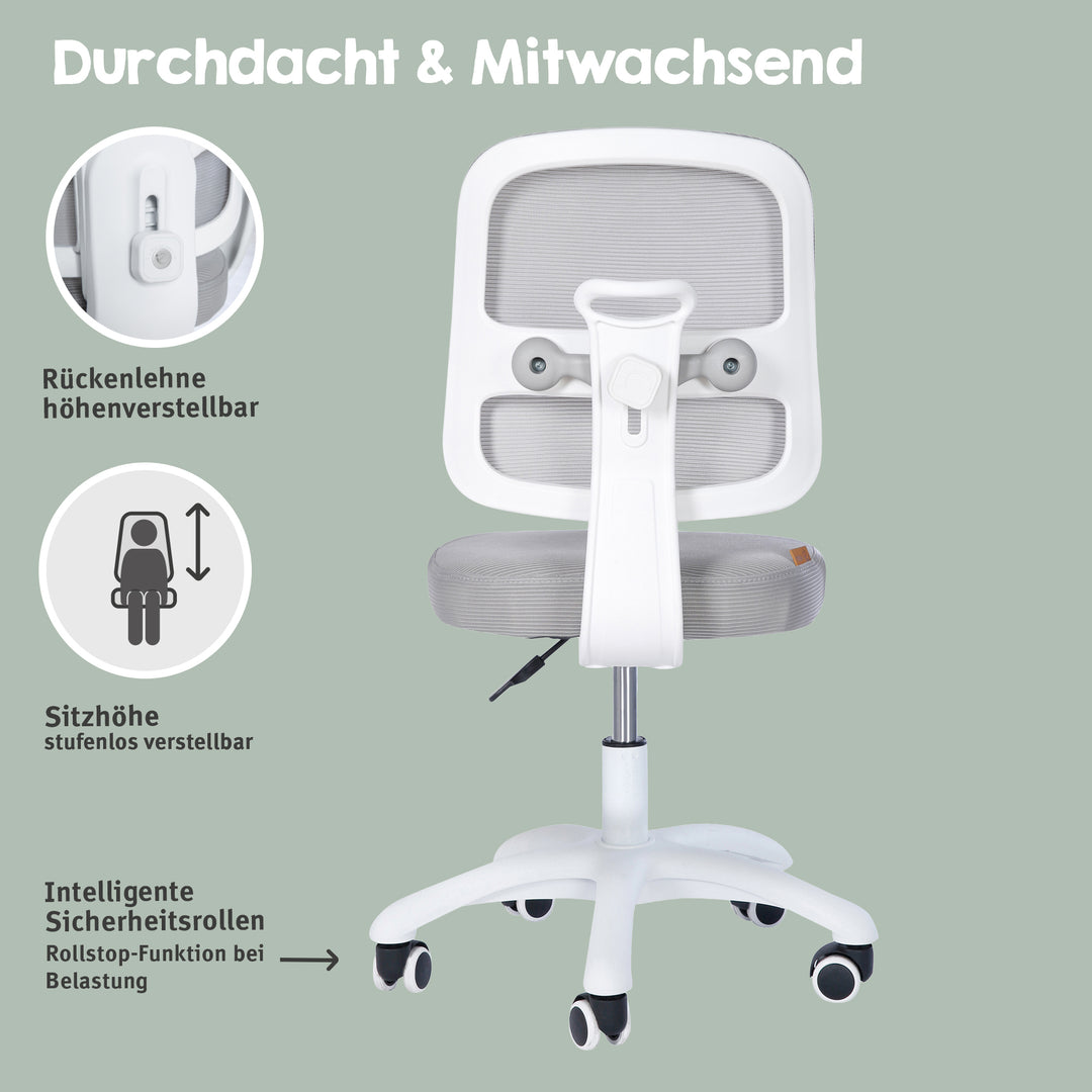 Sedia da ufficio per bambini smart grow 2D- ergonomico sedia girevole - Regolabile in altezza - Bianco / grigio – Infografica (3/36)