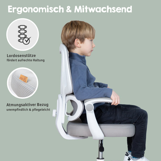 Kinderbürostuhl Smart Grow Premium - Ergonomischer Drehstuhl - Höhenverstellbar - Weiß / Grau – Infografik (20/39)