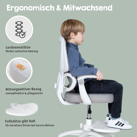 Kinderbürostuhl Smart Grow Premium - Ergonomischer Drehstuhl - Höhenverstellbar - Weiß / Grau – Infografik (31/39)