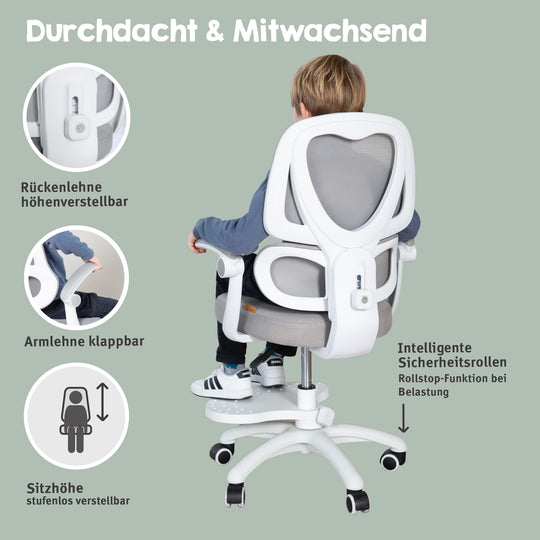 Kinderbürostuhl Smart Grow Premium - Ergonomischer Drehstuhl - Höhenverstellbar - Weiß / Grau – Infografik (30/39)