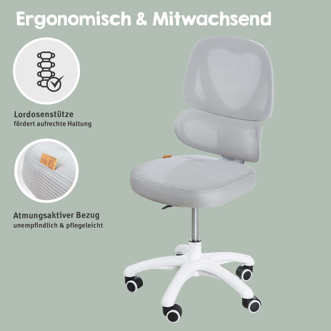 Kinderbürostuhl Smart Grow Premium - Ergonomischer Drehstuhl - Höhenverstellbar - Weiß / Grau – Infografik (4/39)