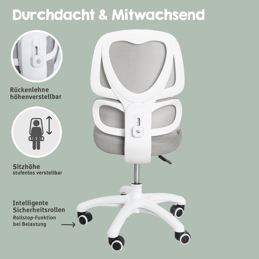 Kinderbürostuhl Smart Grow Premium - Ergonomischer Drehstuhl - Höhenverstellbar - Weiß / Grau – Infografik (3/39)