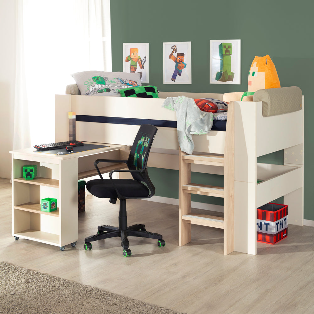 Set 'Studio' Flexi Grow im Kinderzimmer: halbhohes Bett mit Schreibtisch und Bürostuhl, Minecraft-Deko an grüner Wand
