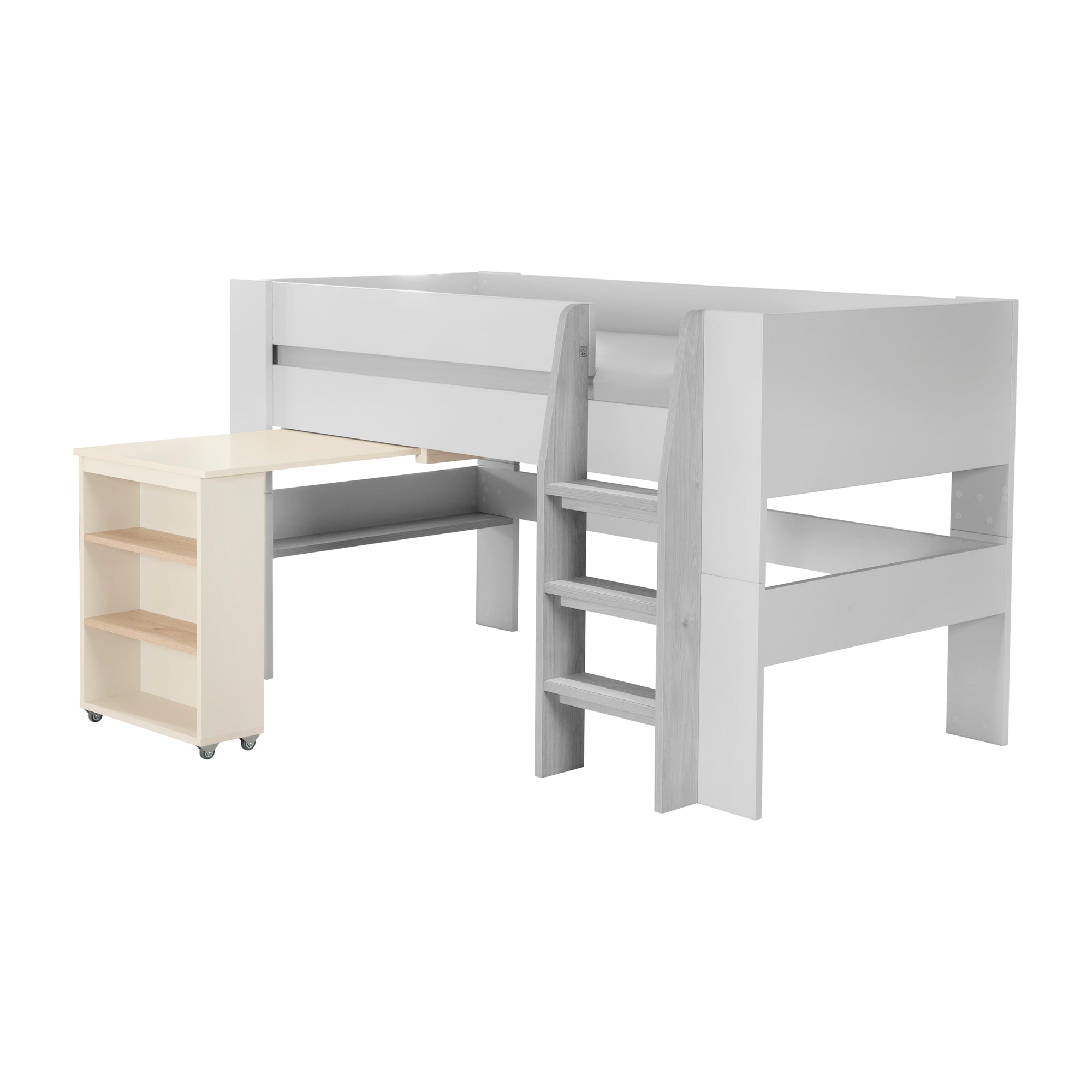Halbhohes Bett 'Flexi Grow' mit Schreibtisch und drei offenen Fächern auf Rollen in Grau/Cashmere