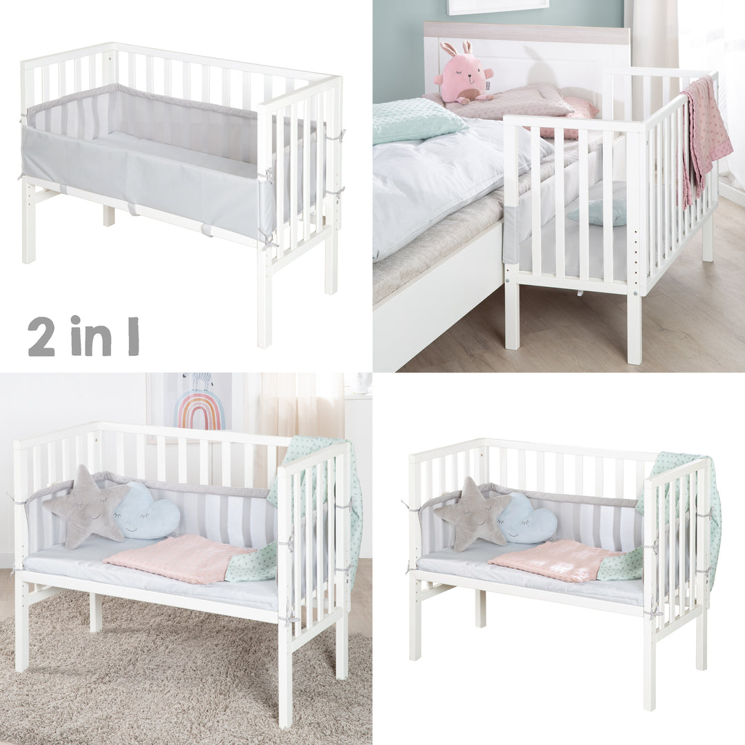 2in1 Beistellbett 'roba Style' inkl. Matratze 45x90, Mesh-Nestchen & Barriere - Holz weiß – Infografik (5/7)