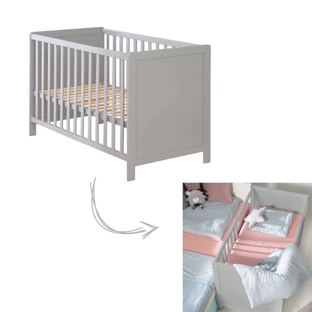 Baby- & Beistellbett 2in1 'Hamburg' 60x120 cm, taupe, verstellbar, inkl. 5 Schlupfsprossen – Freisteller (1/12)
