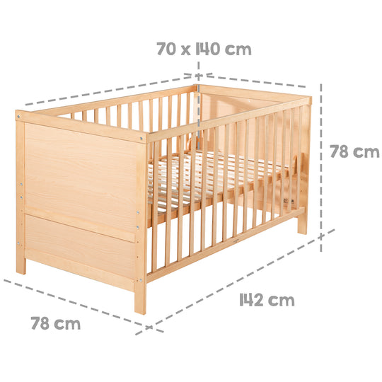 Cuna combinada, 70 x 140 cm, natural, 3posiciones regulable, barrotes extraíbles, convertible para cama junior – Infografía (4/5)