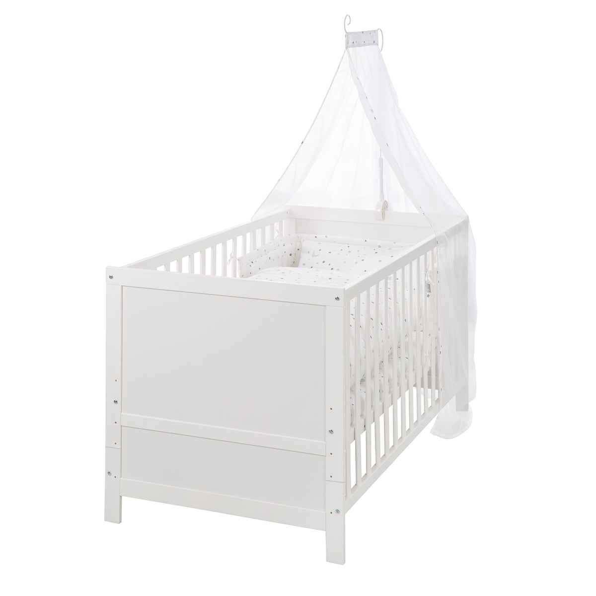 Complete Bed Set 'Sternenzauber grey' 70 x 140 cm, White, incl. Bedding, Canopy, Nest Bumper & Mattress – Cutout (1/15)