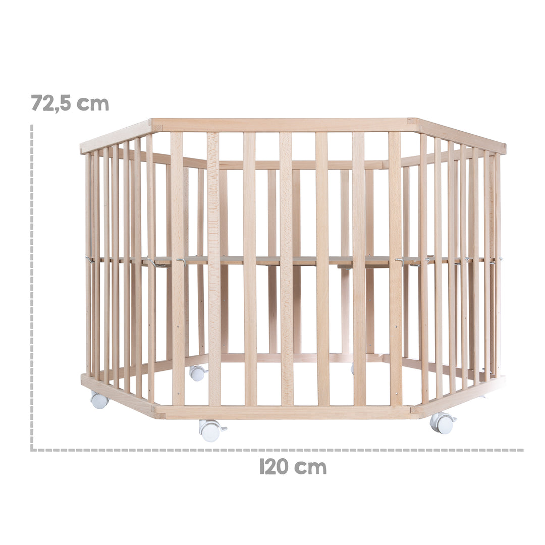 Playpen 'Liebhabär', 6-Sided, Safe Play Pen incl. Protective Insert & Castors, Natural – Infographic (3/5)