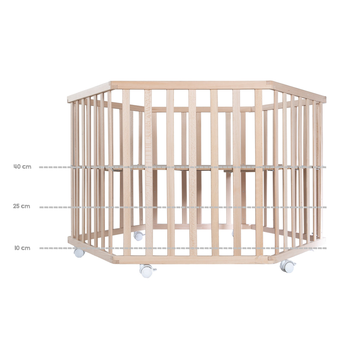 Playpen 'Liebhabär', 6-Sided, Safe Play Pen incl. Protective Insert & Castors, Natural – Infographic (4/5)