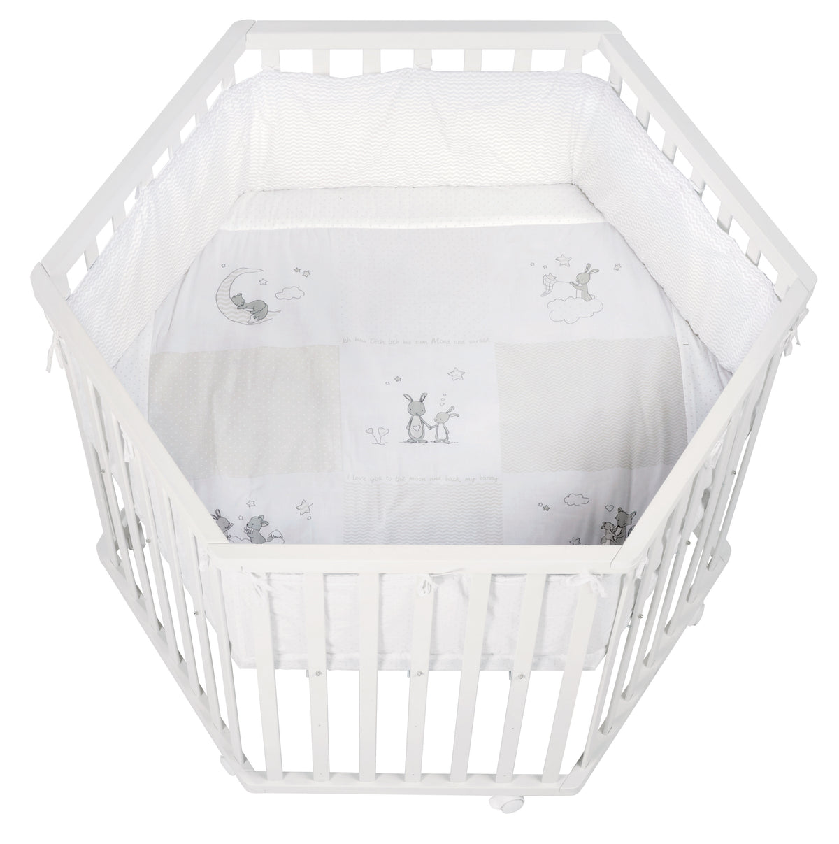 Playpen 'Fox & Bunny', 6-Sided, Safe Play Pen incl. Protective Insert & Castors, Wood White – Cutout (1/5)