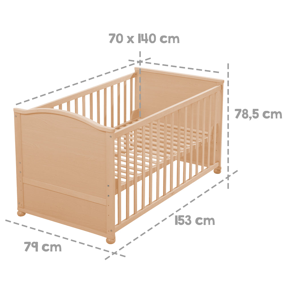 Cuna combinada 70 x 140 cm, natural, regulable en altura, con barrotes extraíbles, convertible para cama junior – Infografía (2/3)