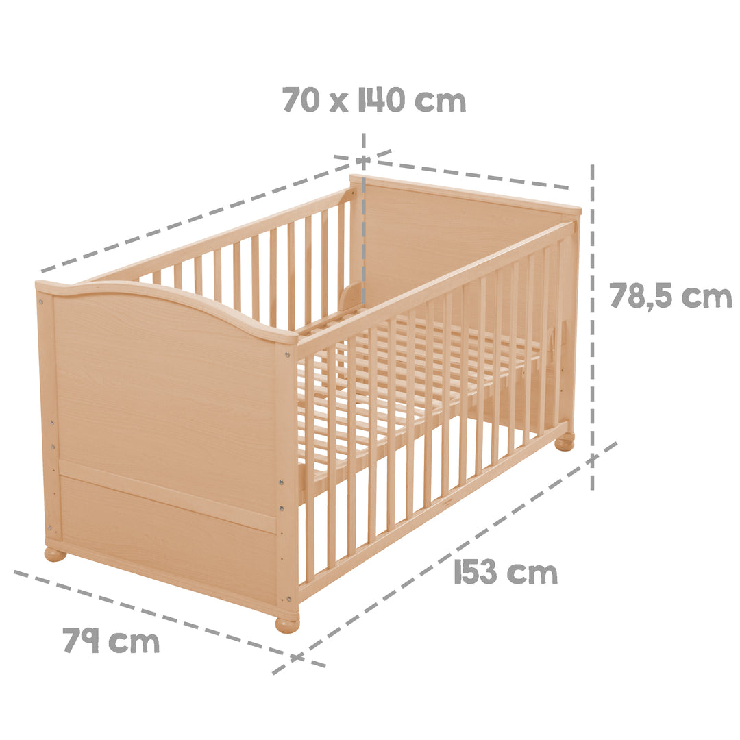 Lettino combinato 70 x 140 cm, naturale, regolabile in altezza, con sbarre removibili, trasformabile per letto junior – Infografica (2/3)