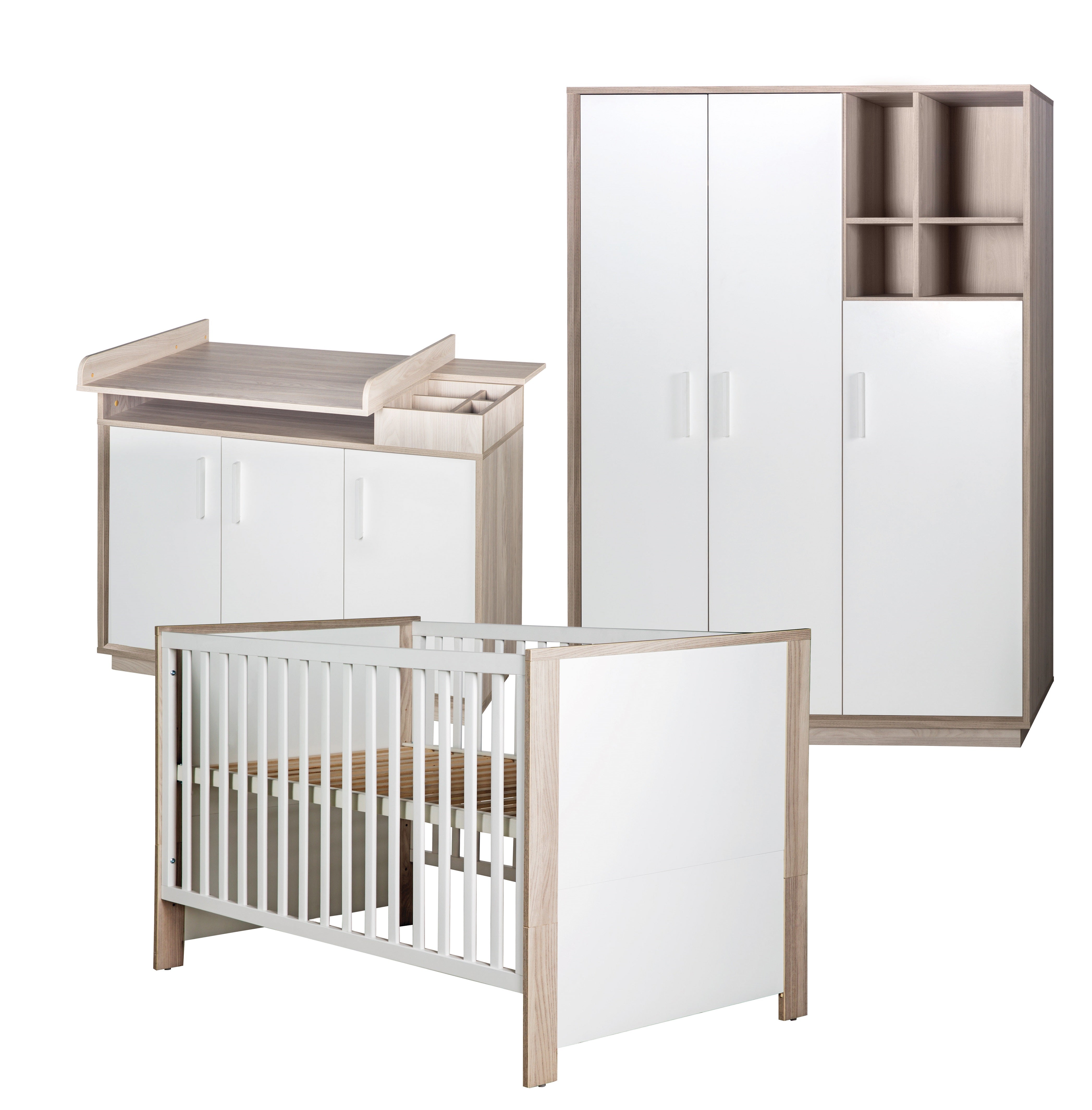 Kinderzimmerset 'Olaf' inkl. Kombi-Bett 70 x 140 cm, Wickelkommode & 3-türigem Schrank, Luna Elm/weiß – Freisteller (1/18)