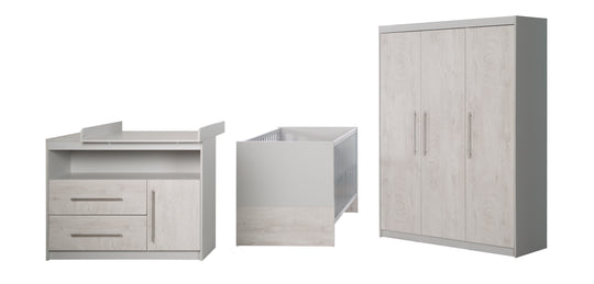 Children's Room Set 'Maren 2', incl. Convertible Cot Bed 70 x 140 cm, Changing Table Wide & 3-Door Cabinet, Light Grey/Whitewashed Oak – Cutout (2/12)