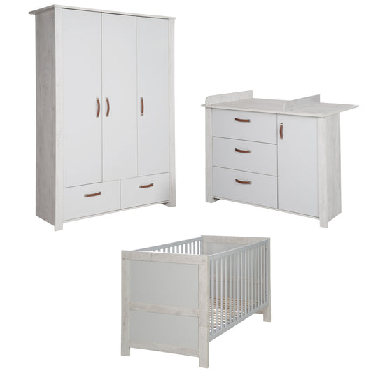 Kinderzimmerset 'Mila', inkl. Kombi-Bett 70 x 140 cm, Wickelkommode & 3-türigem Schrank, grau/weiß – Freisteller (1/16)