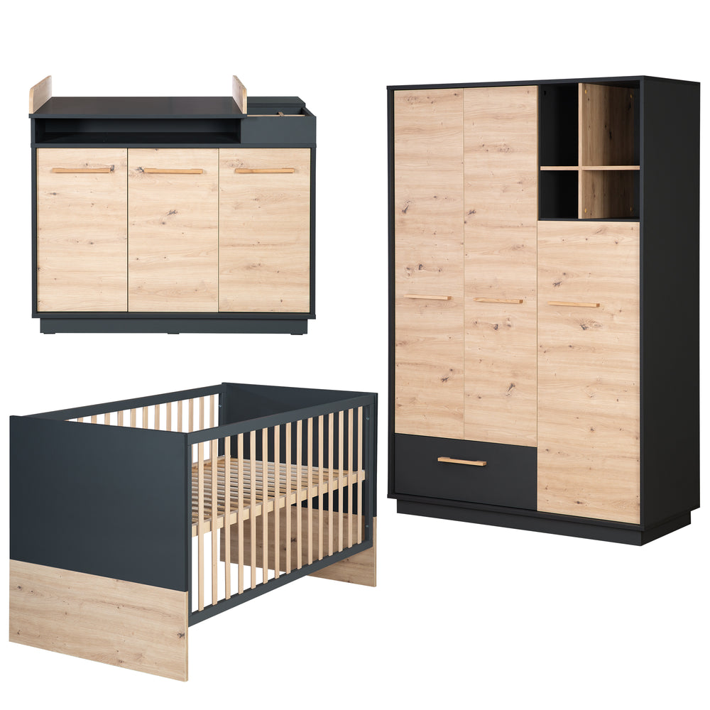 Kinderzimmerset 'Lenn' 3-teilig - Bett 70x140 + Wickelkommode + Kleiderschrank 3-türig – Freisteller (2/25)