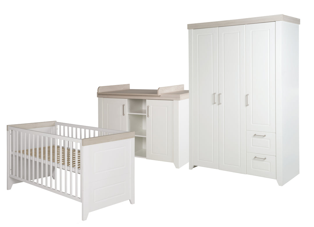 Kinderzimmerset 'Felicia' inkl. Kombi-Bett 70 x 140 cm, Wickelkommode & 3-türigem Schrank, Luna Elm/weiß – Freisteller (1/17)