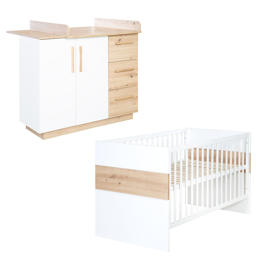 Set de muebles 'Lion 2piezas - Cuna combinada 70x140 + cómoda cambiador ancho - Blanco - Decorado 'Artisan roble' – Recorte (2/25)