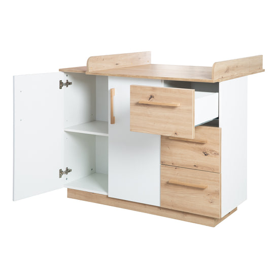 Set de muebles 'Lion 2piezas - Cuna combinada 70x140 + cómoda cambiador ancho - Blanco - Decorado 'Artisan roble' – Recorte (22/25)