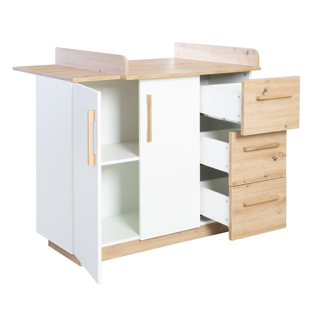 Set de muebles 'Lion 2piezas - Cuna combinada 70x140 + cómoda cambiador ancho - Blanco - Decorado 'Artisan roble' – Recorte (23/25)